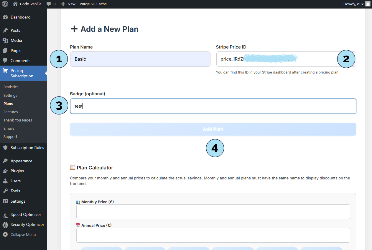 Créer un plan dans le plugin Pricing Subscription