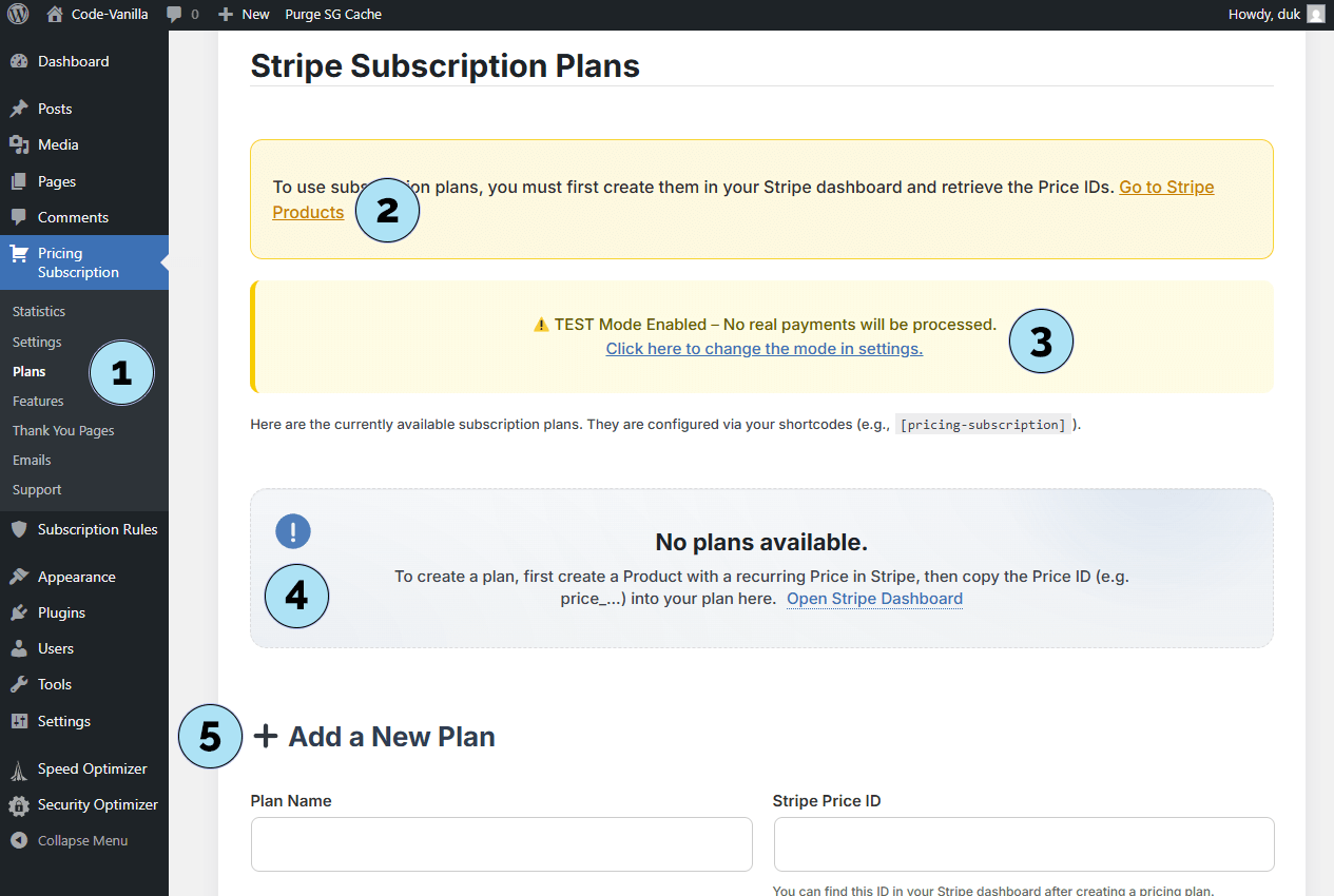 Pricing Subscription – Vue d’ensemble de la page Plans