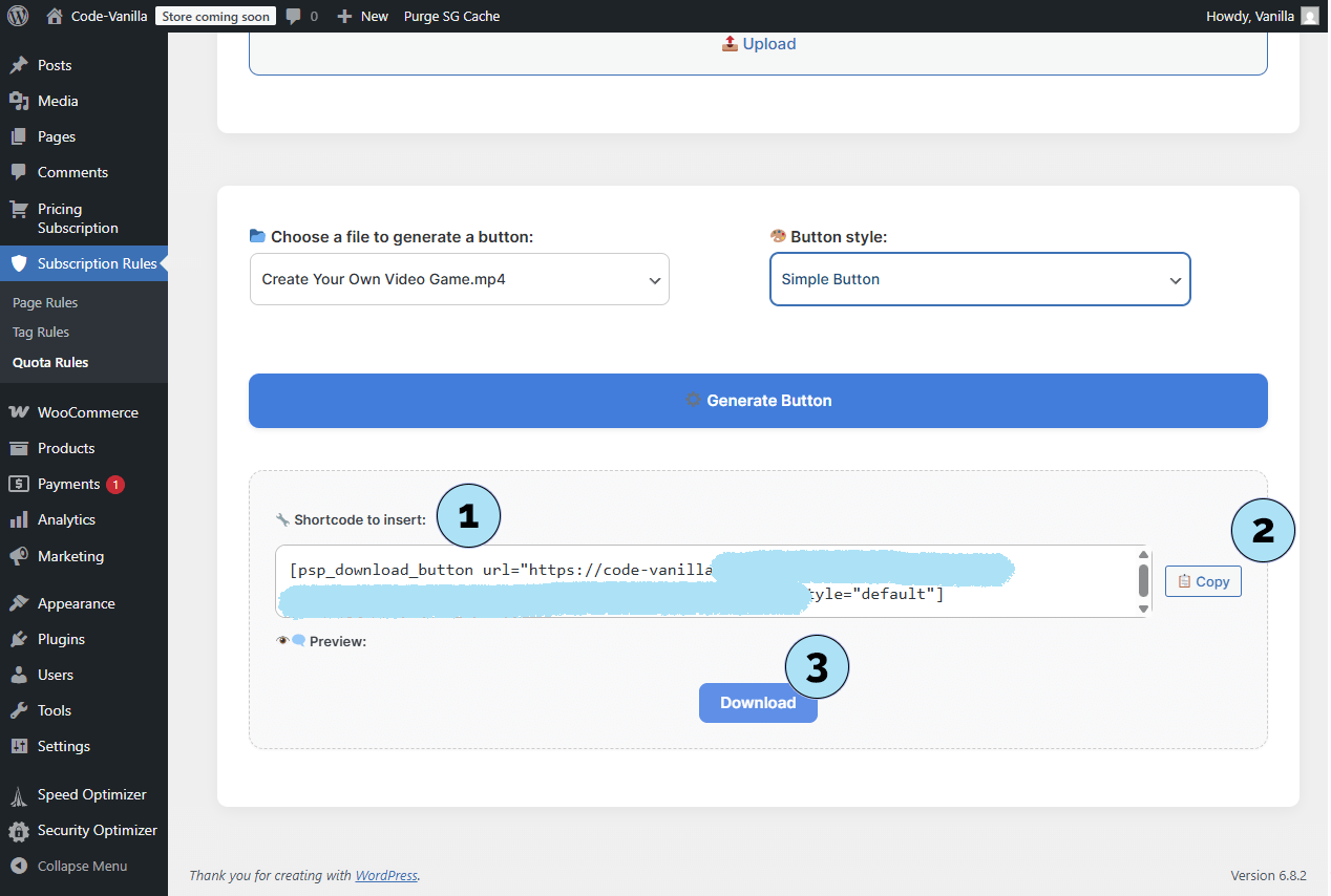 Shortcode généré et aperçu