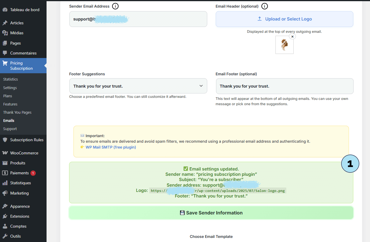 Sauvegarde de la configuration email