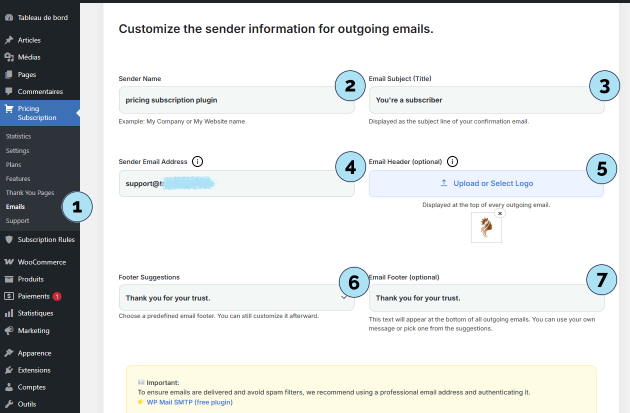 Paramètres du sous-menu Emails