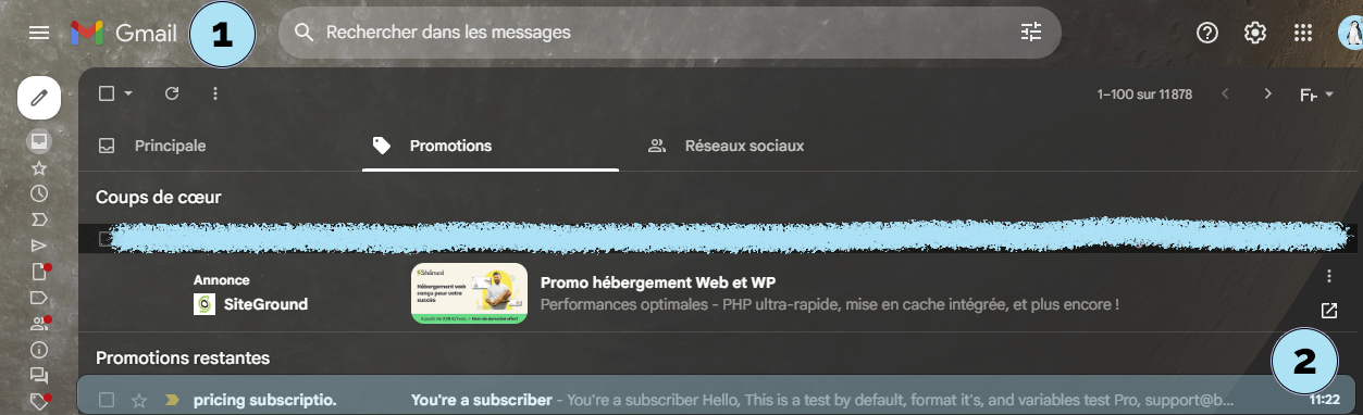 Boîte de réception Gmail avec un email reçu