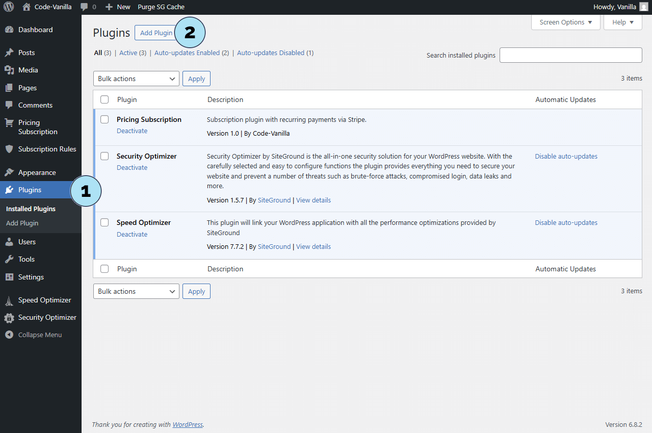 Tableau de bord WordPress – section Extensions