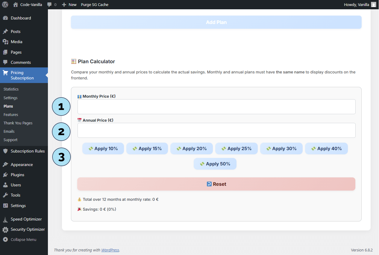 Outil de calculateur de plan dans l’administration WordPress
