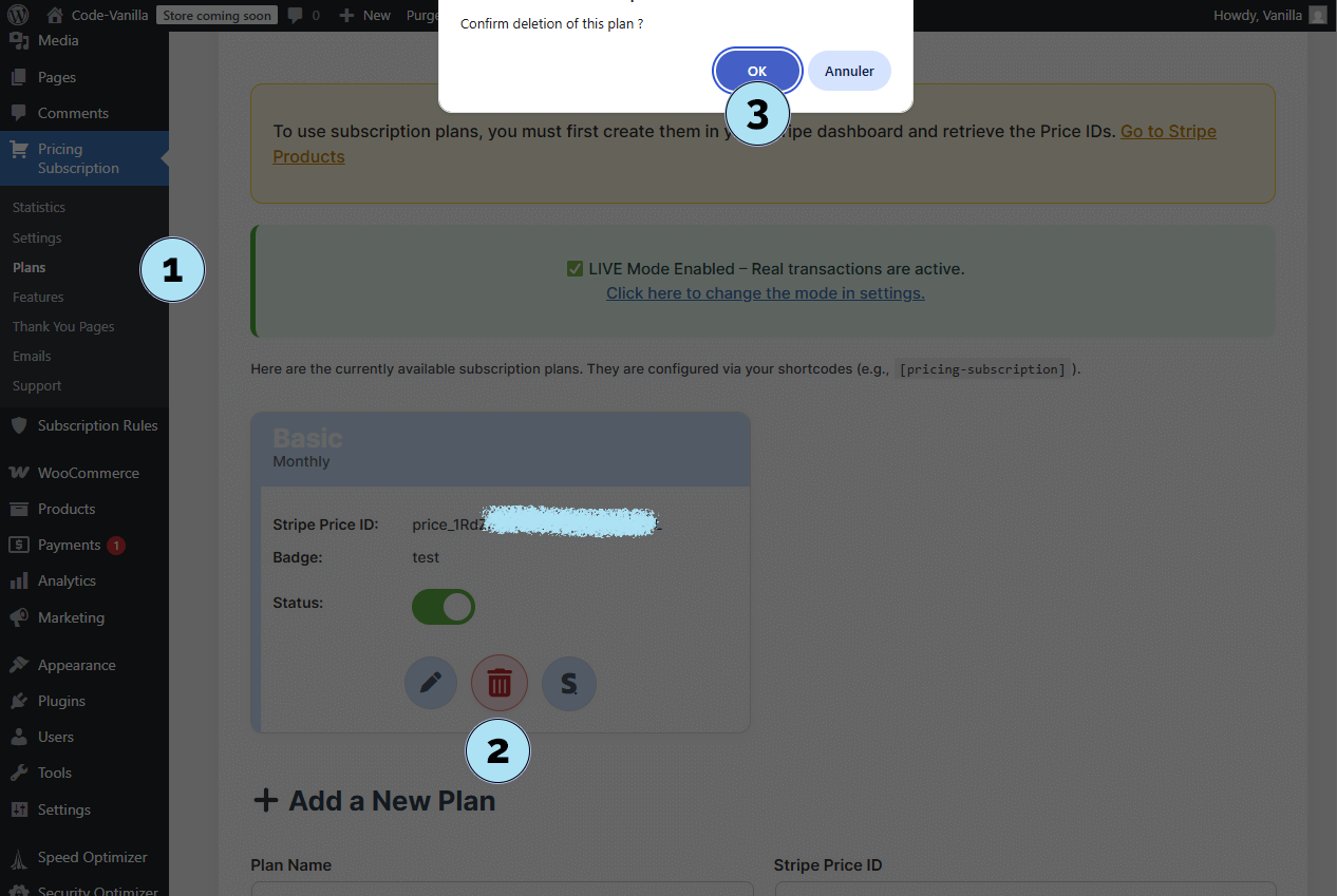 Supprimer l’ancien plan Test