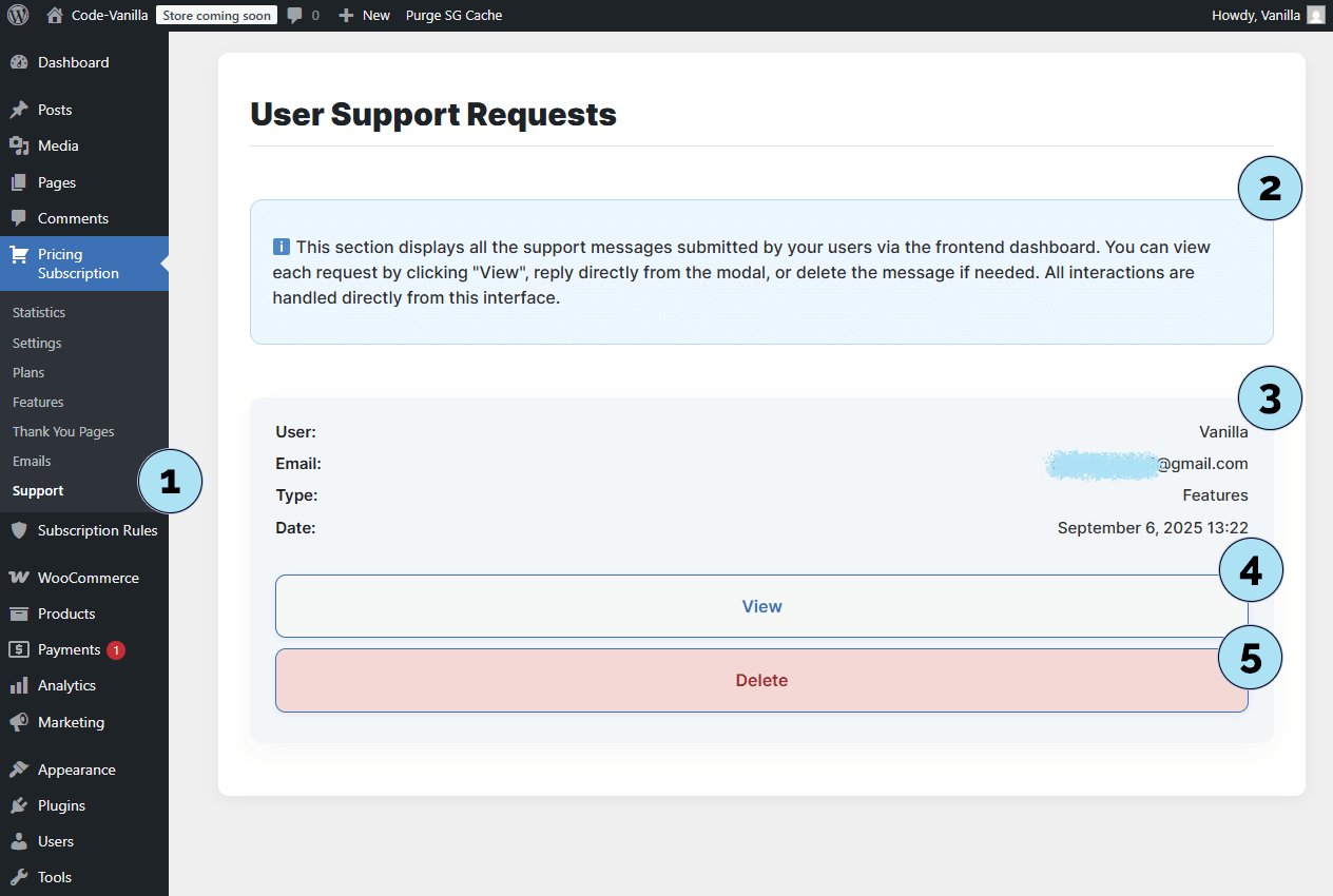 Demandes de support dans l’admin