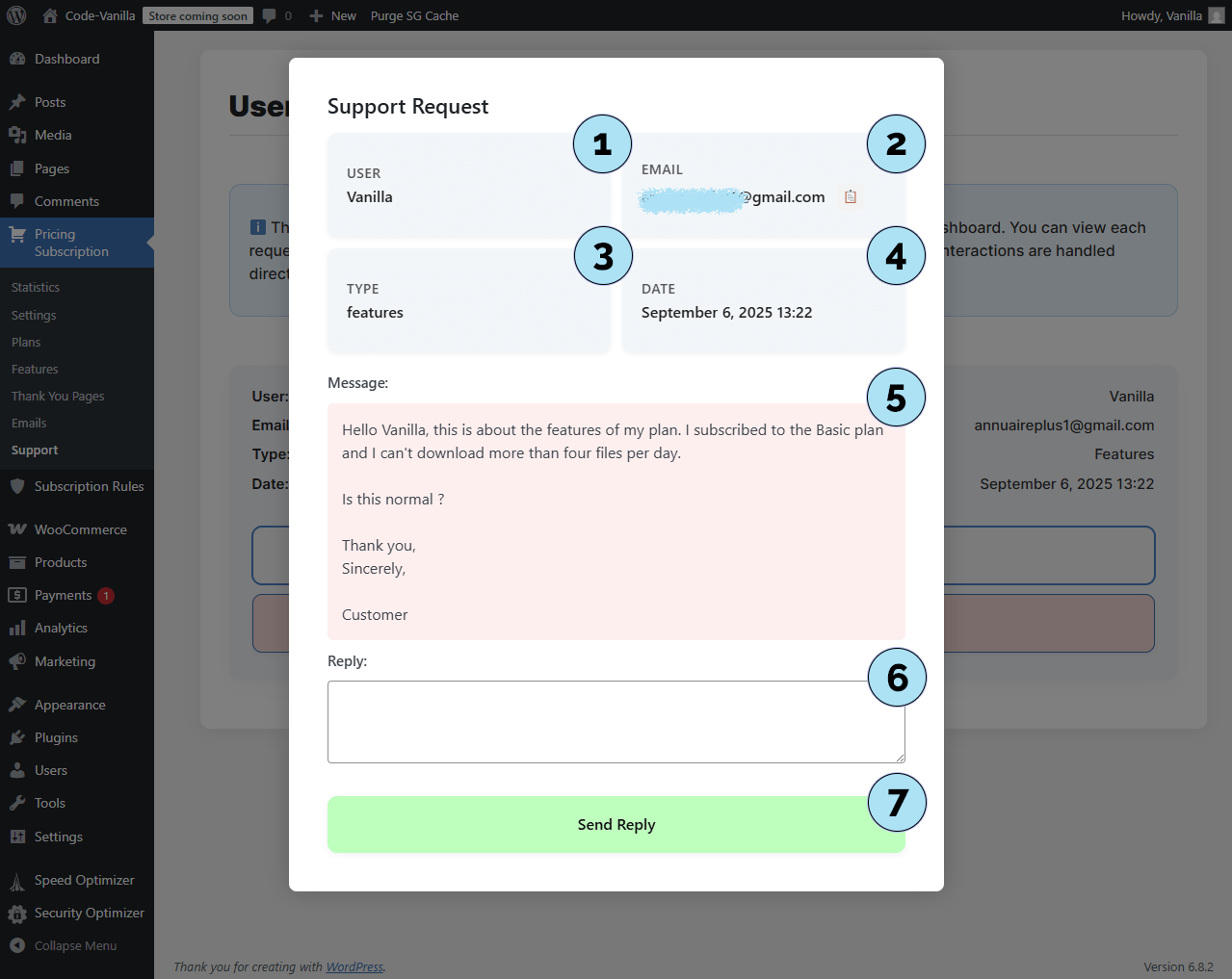 Voir une demande de support dans l’admin