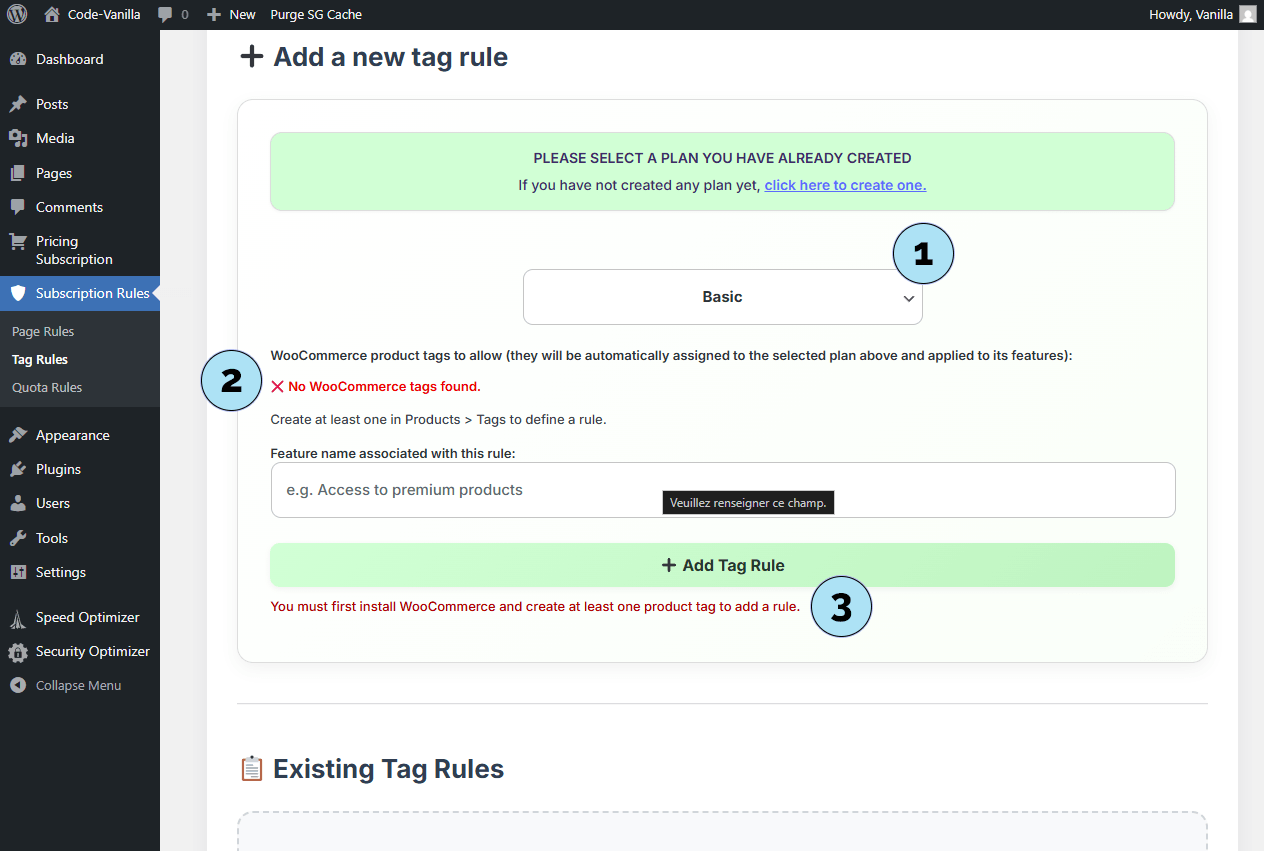 Règles de Tag sans WooCommerce installé