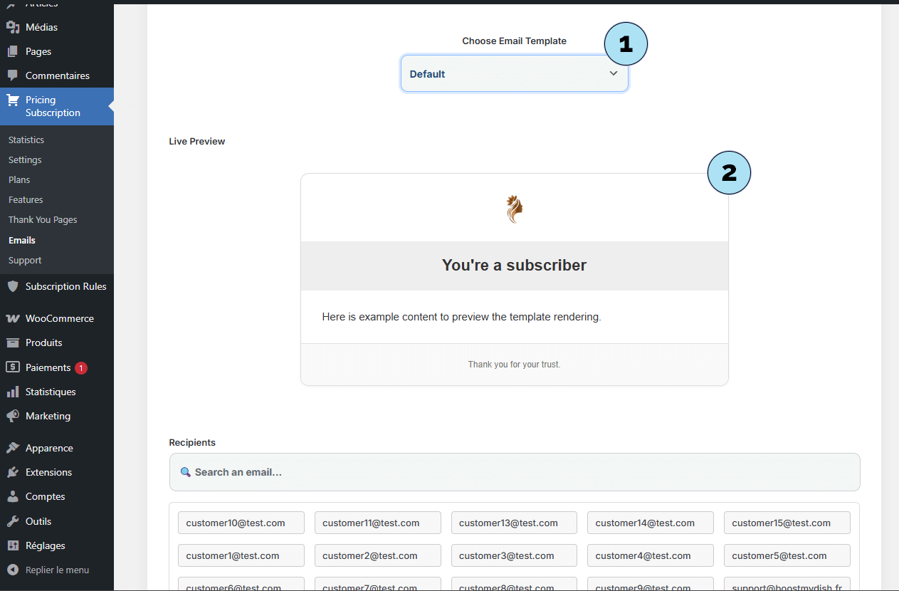 Sélection des modèles d’email