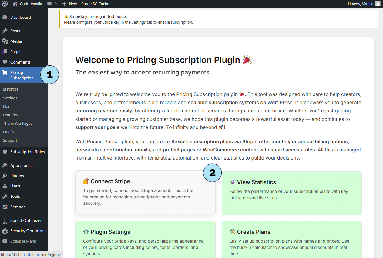 Menu WordPress Pricing Subscription