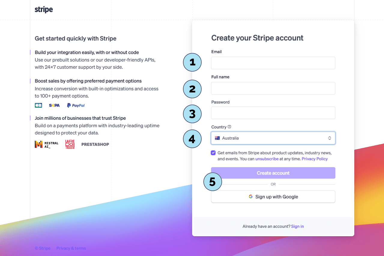 Formulaire de création de compte Stripe