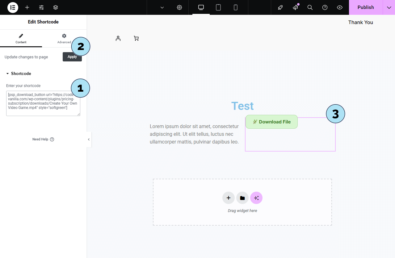 Coller et appliquer le shortcode quota