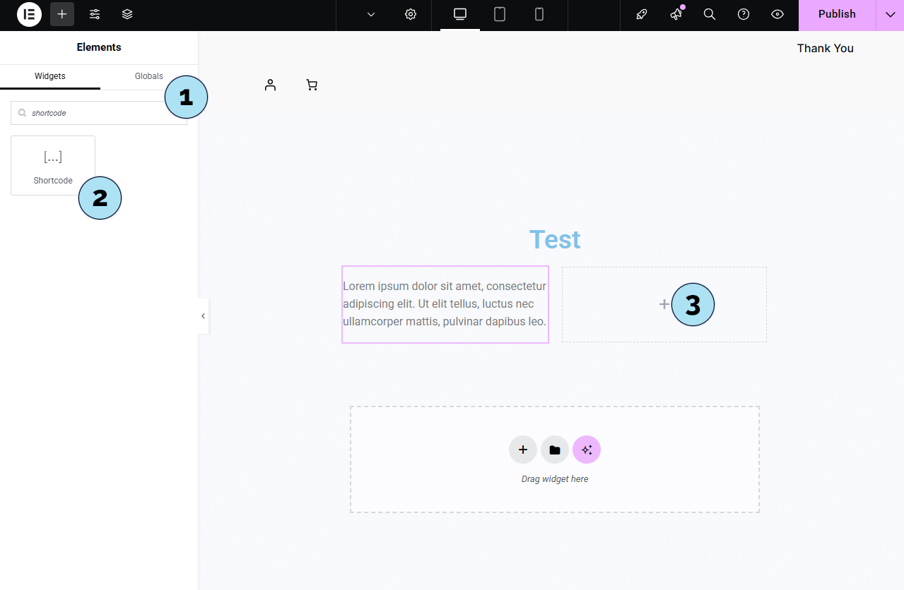 Trouver et placer le widget Shortcode