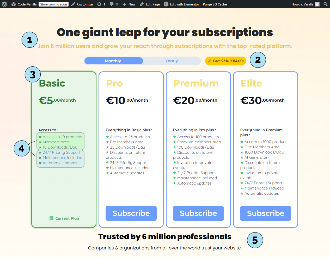 Page Elementor avec shortcode de tarification