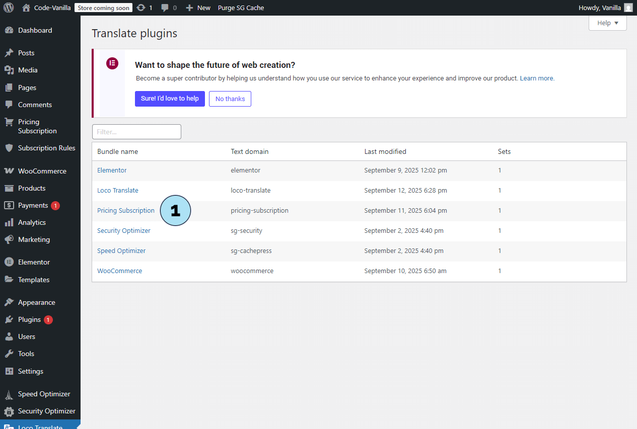 Sélectionner Pricing Subscription dans Loco