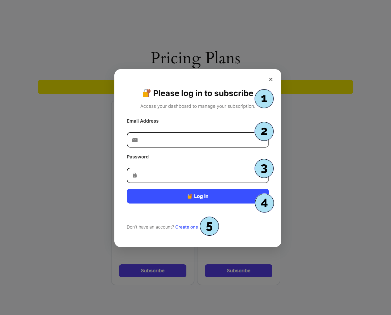 Fenêtre de connexion sur la page des plans