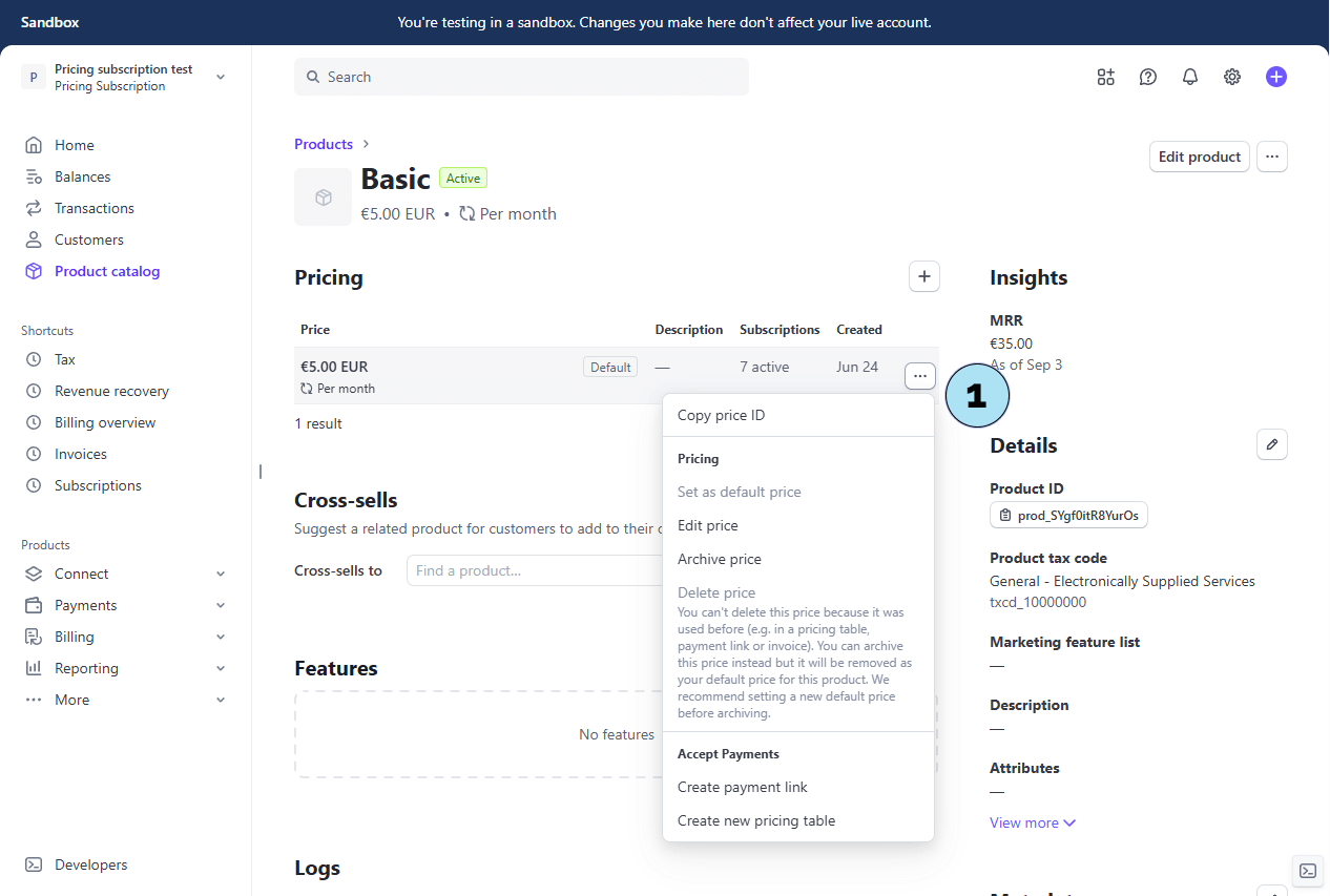 Stripe produit Basic – Menu Tarification