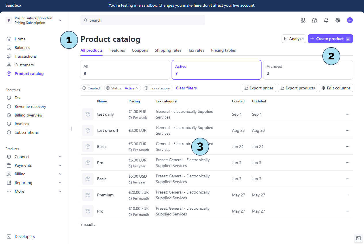 Écran du catalogue de produits Stripe