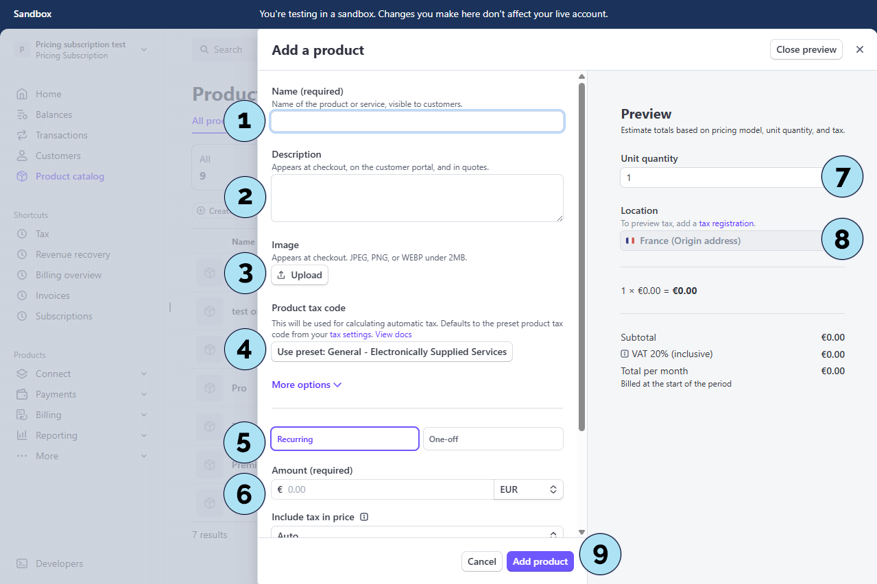 Formulaire de création de produit Stripe