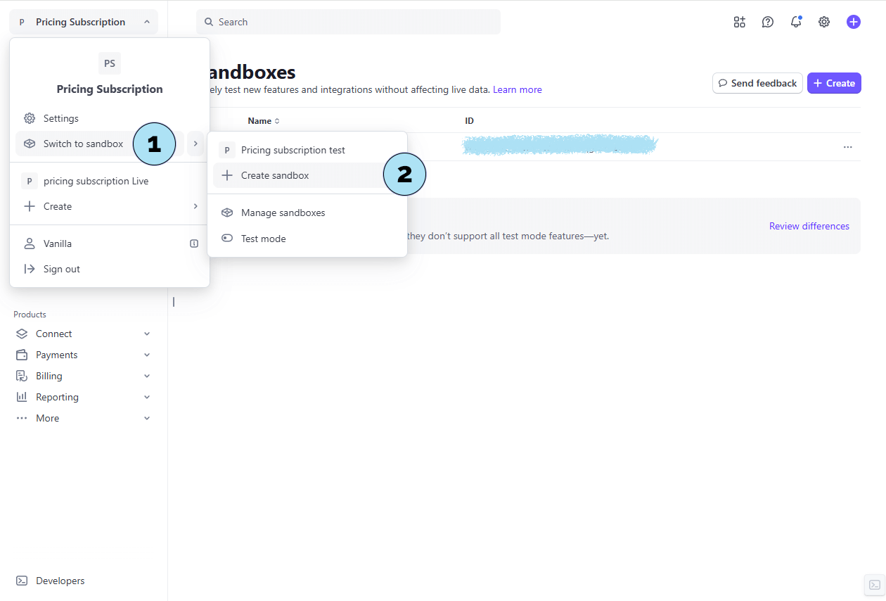 Menu de création du sandbox Stripe
