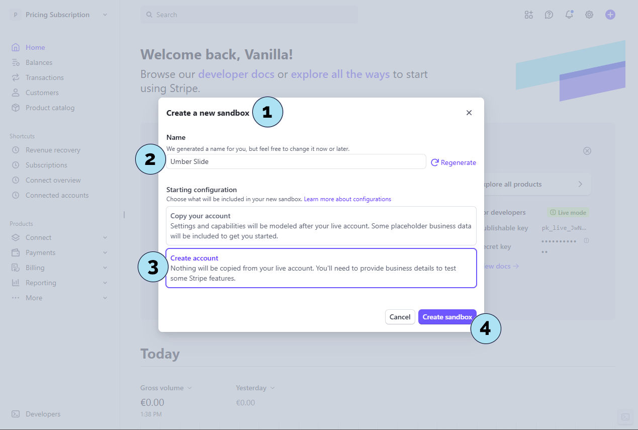 Écran de finalisation de la création du sandbox Stripe