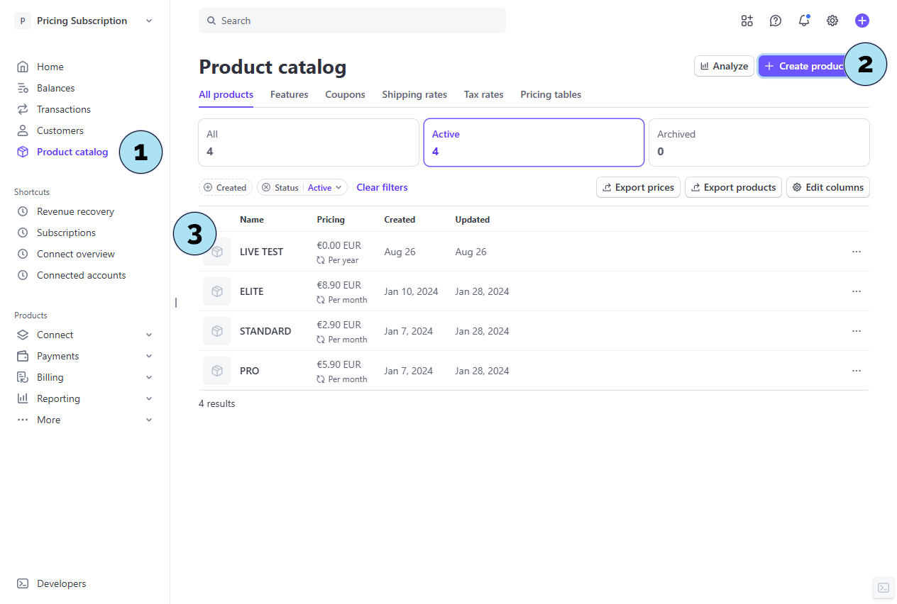 Catalogue de Produits Stripe en mode Live