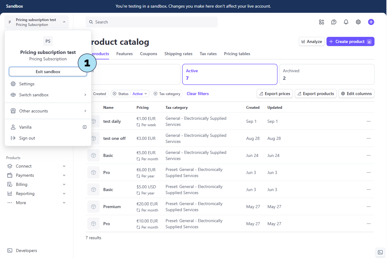 Quitter le mode sandbox dans Stripe