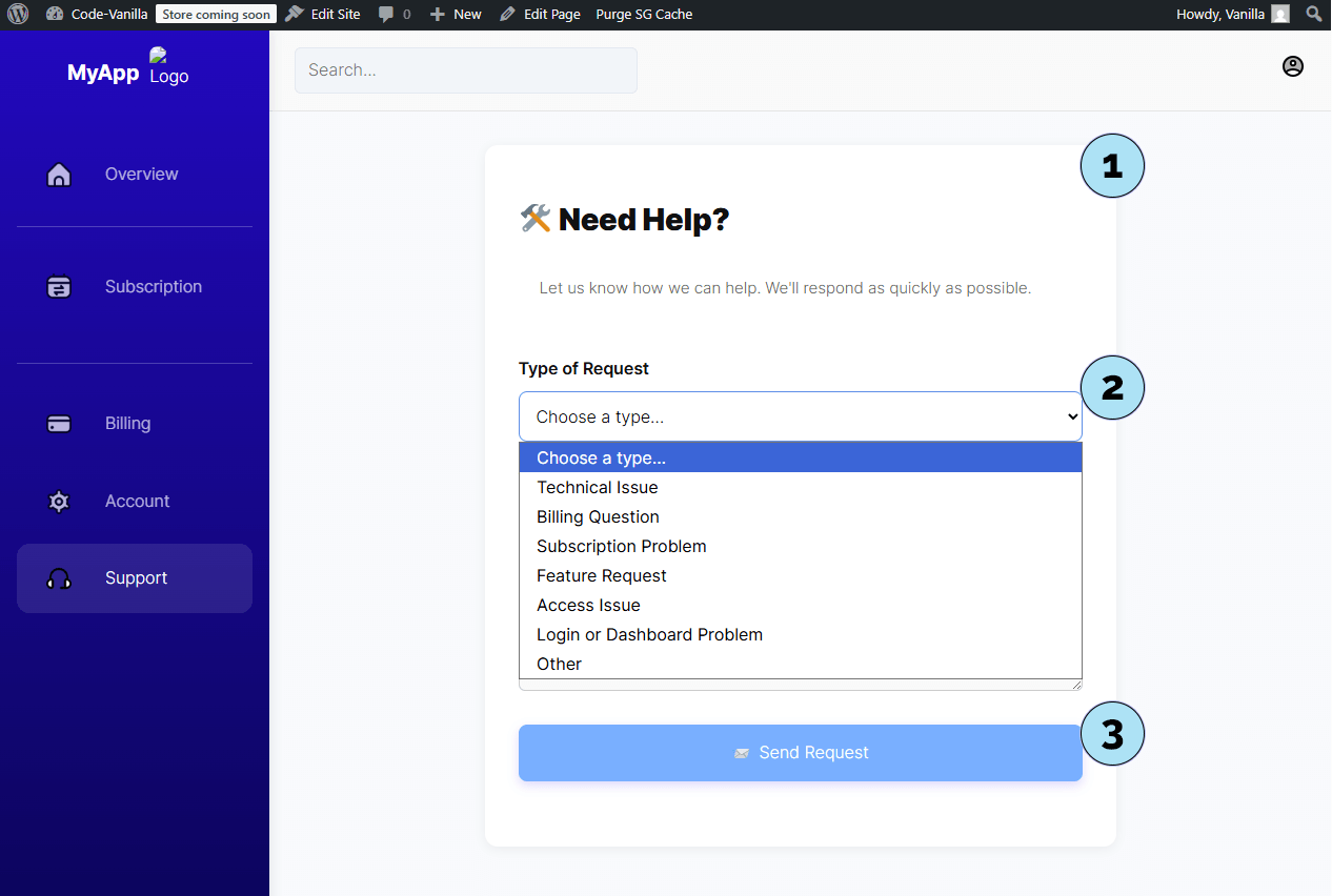 Formulaire de support dans le tableau de bord utilisateur